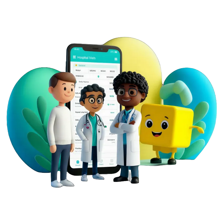 Medixfy hospital management software on a phone, showing a healthcare dashboard with doctors and clinic staff